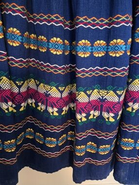 Vintage Guatamalen Embroidered Cobalt Blue Boho Midi Skirt with Bright Southwest